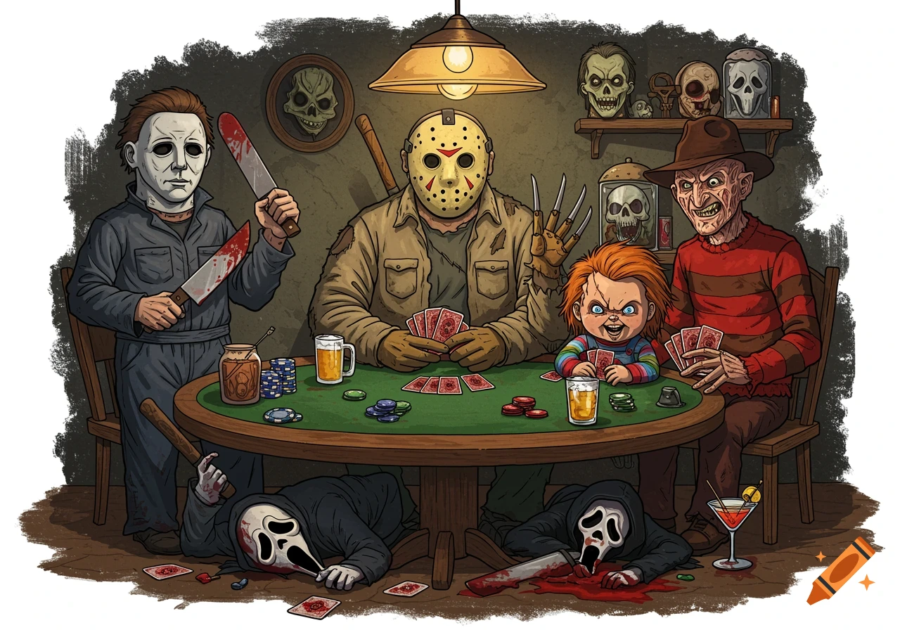 Cartoon of horror villains Michael Myers, Jason, Chucky, Freddy Krueger playing poker; two Ghostface figures are on the floor.