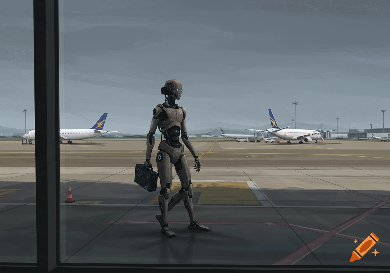 A humanoid robot walks on an airport tarmac, viewed through a window ...