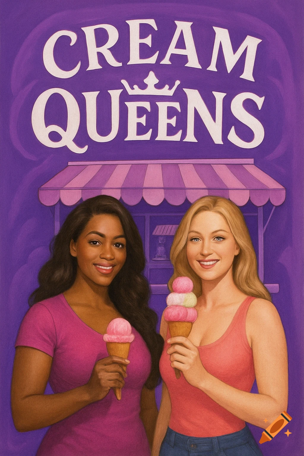 two-smiling-women-hold-ice-cream-cones-in-front-of-a-purple-ice-cream