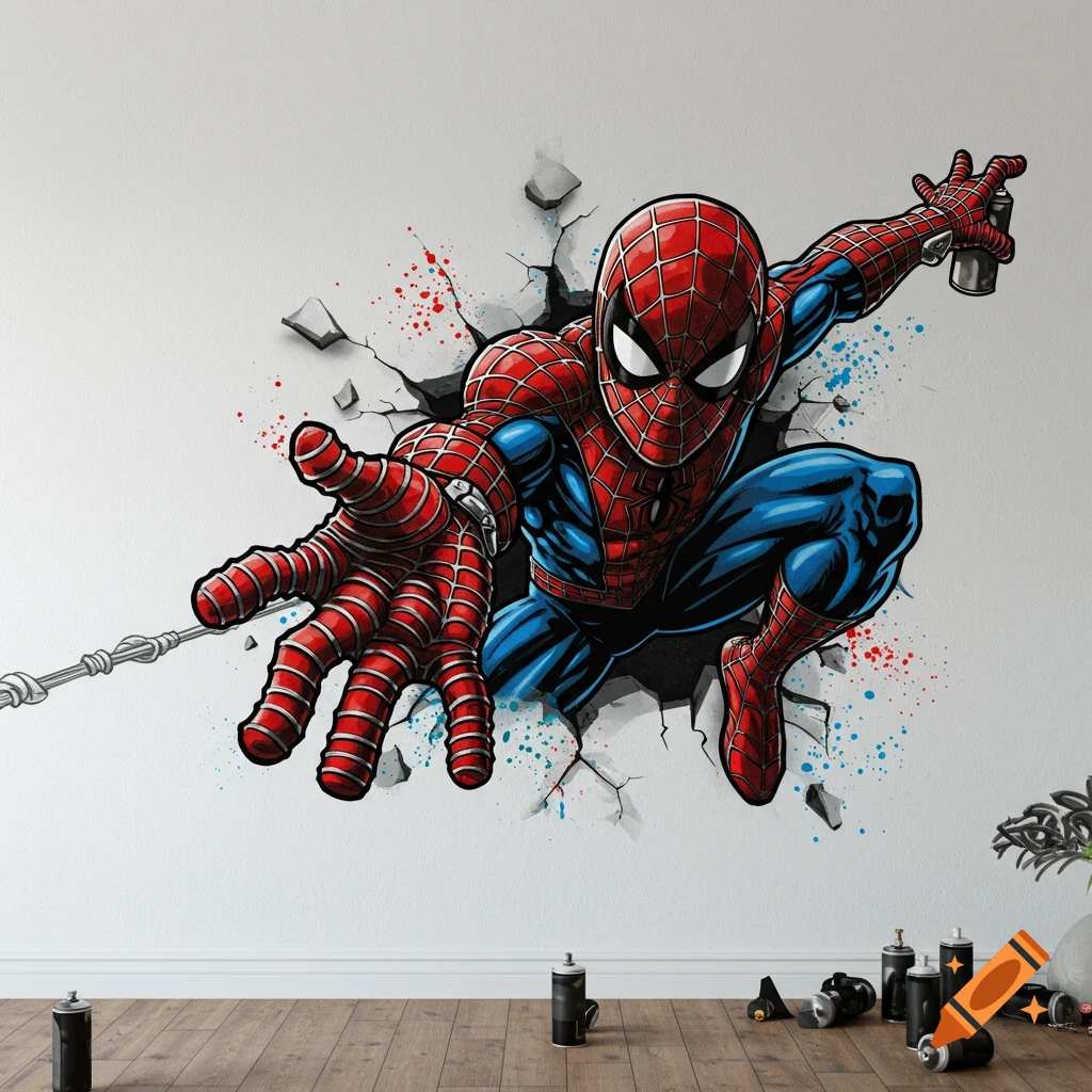 Spider-Man in his classic red and blue suit bursts through a white wall, spray paint cans on the wooden floor.