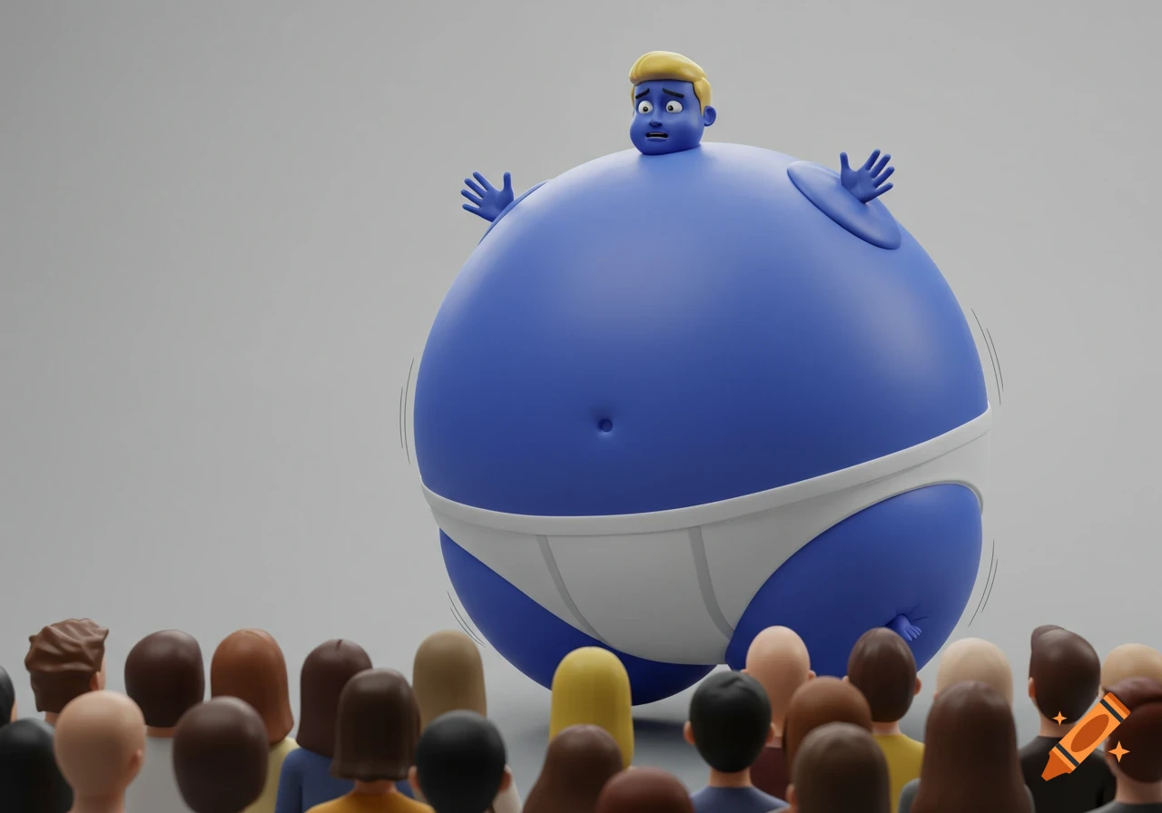 A blond man with blue skin and a nervous expression, wearing white underwear, inflates into a giant blueberry in front of a small crowd in a 3D rendering.