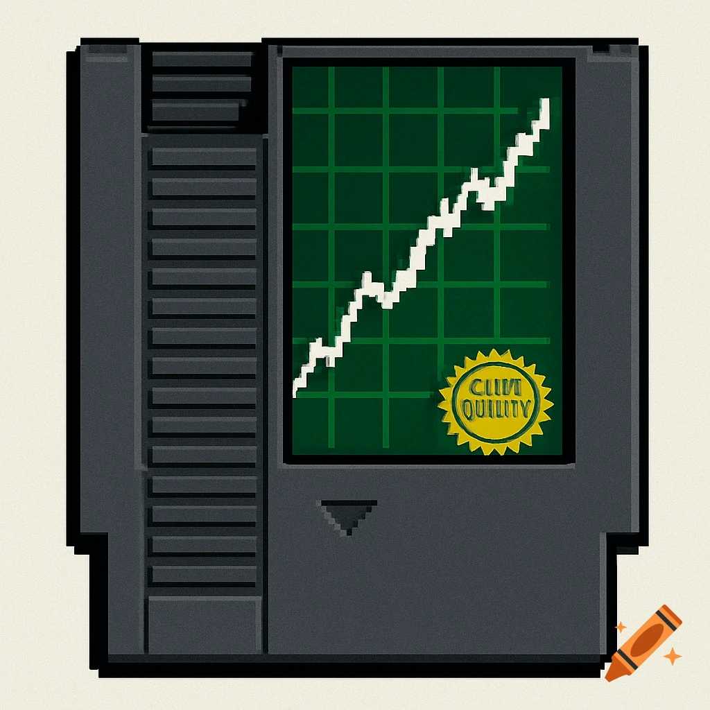 Pixelated 8-bit style illustration of a black NES game cartridge displaying a green stock market chart with a yellow seal of quality.
