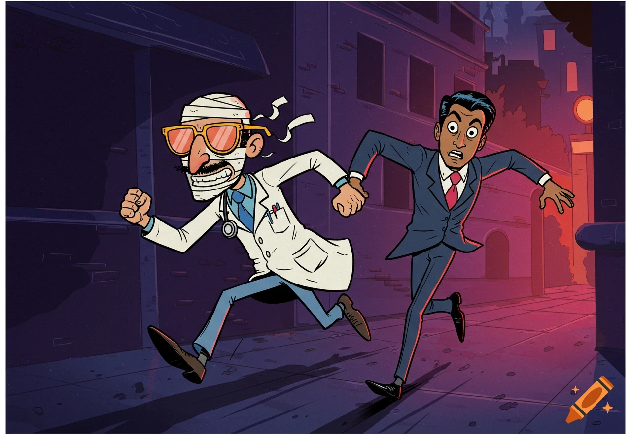 A cartoon doctor with a bandaged head and sunglasses chases a scared man in a suit down a dark city street, in a comic book style.