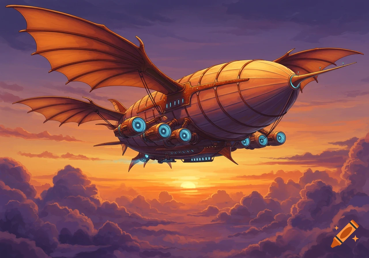 A vibrant illustration of a steampunk airship with large bat-like wings flying through a dramatic orange and purple sunset sky with clouds.