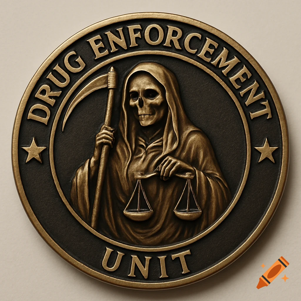 A circular bronze challenge coin featuring a robed skeleton (Grim Reaper or Santa Muerte) holding a scythe and scales. Text around the edge reads 'DRUG ENFORCEMENT UNIT'.
