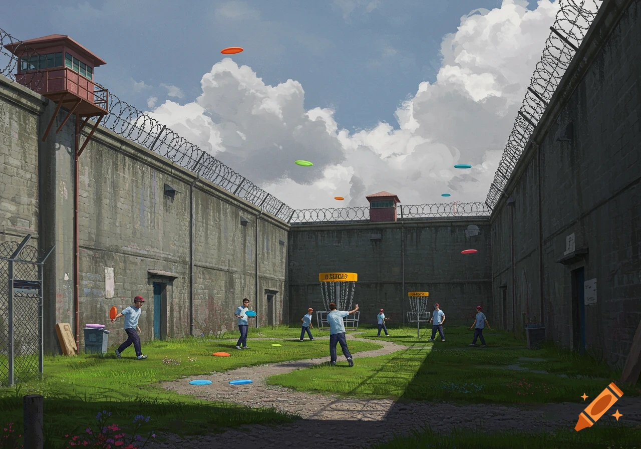 People play disc golf in a sunny prison yard surrounded by high walls with barbed wire and guard towers.