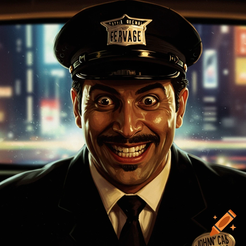 Close-up of a Johnny Cab driver with an exaggerated, maniacal smile, wide eyes, and a uniform cap, set against a blurry cityscape at night in a detailed, illustrative style.