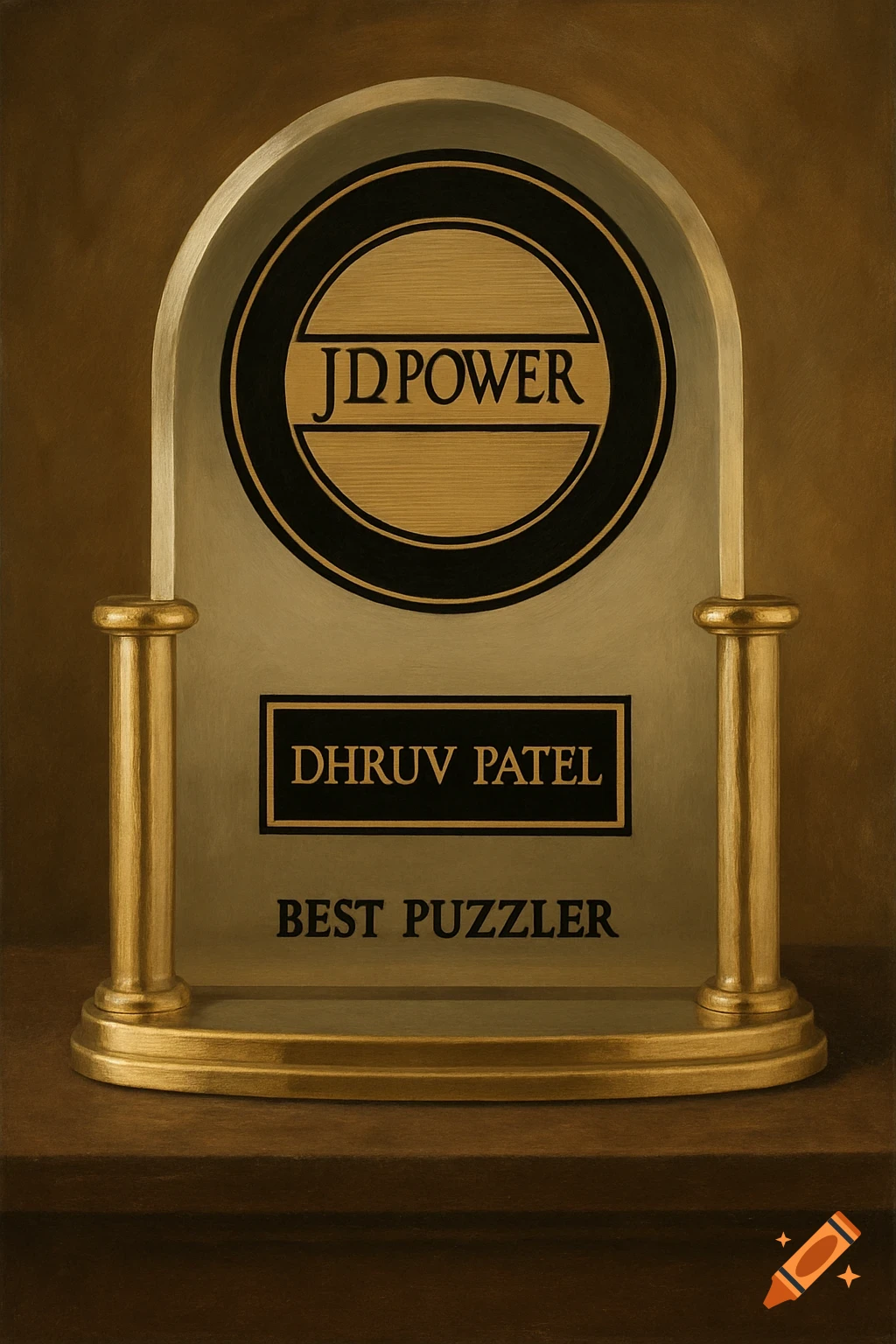 A gold and dark award with an arched top, featuring 'JD POWER', 'DHRUV PATEL', and 'BEST PUZZLER' text.