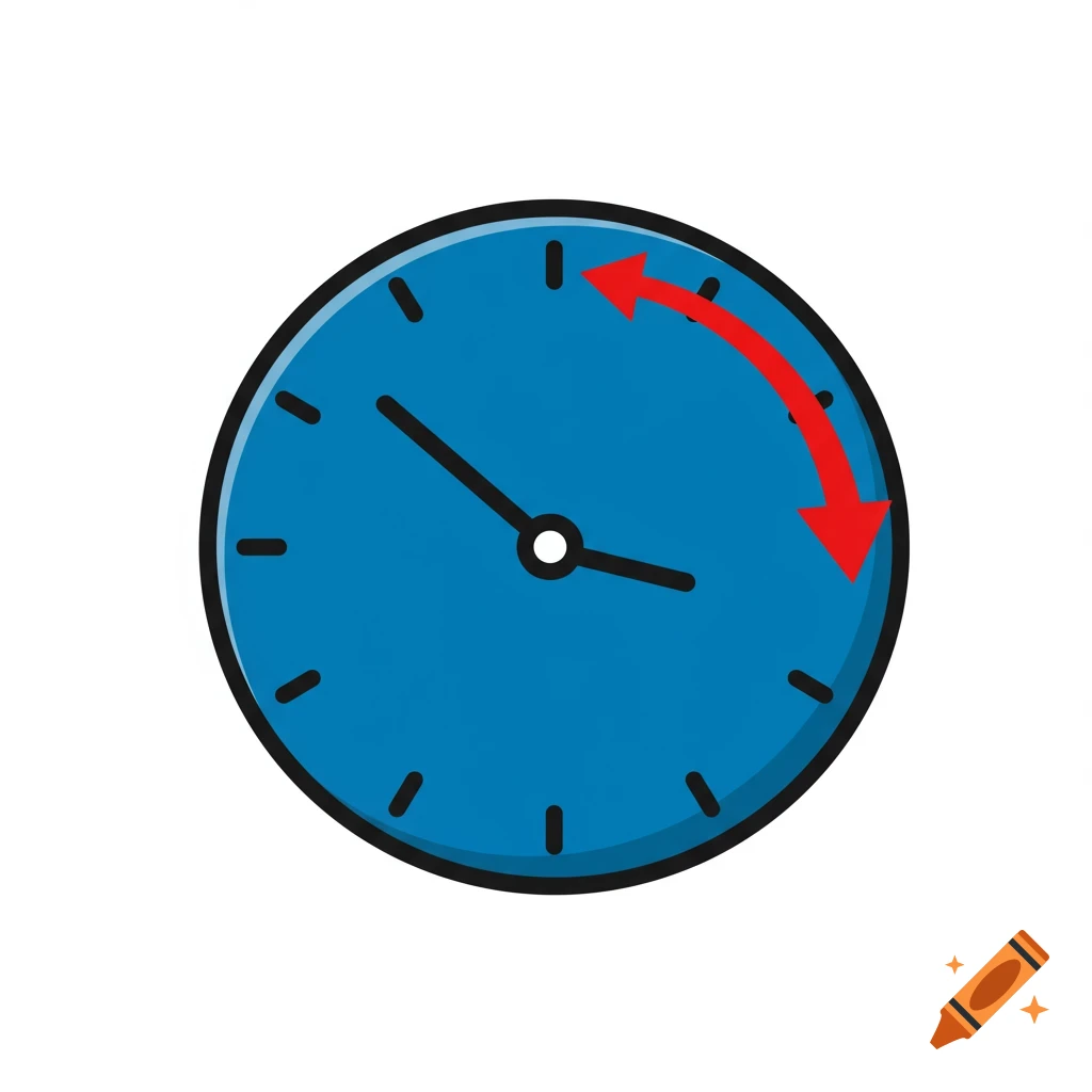 A blue clock face with black hands and a red arrow indicating a time shift from 11 to 1 o'clock, in a clipart style.