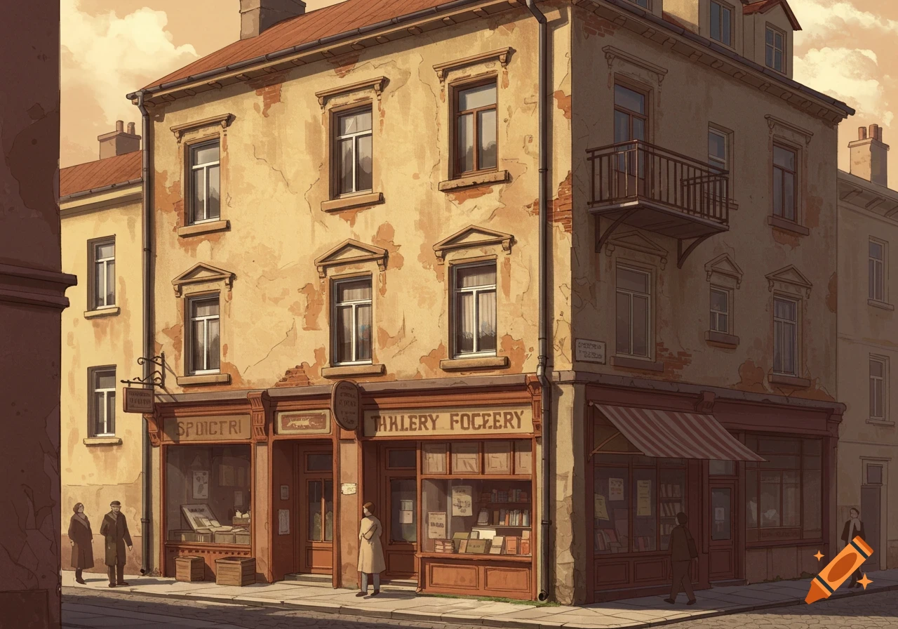 An illustrative image of an old, weathered low-rise building with ground floor shops and people walking on the street.