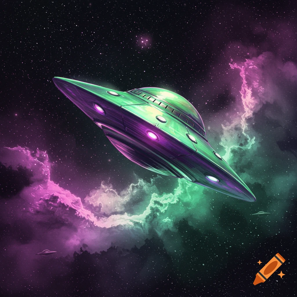 A vibrant green and purple UFO floats through space amidst swirling pink and green nebulae and stars.