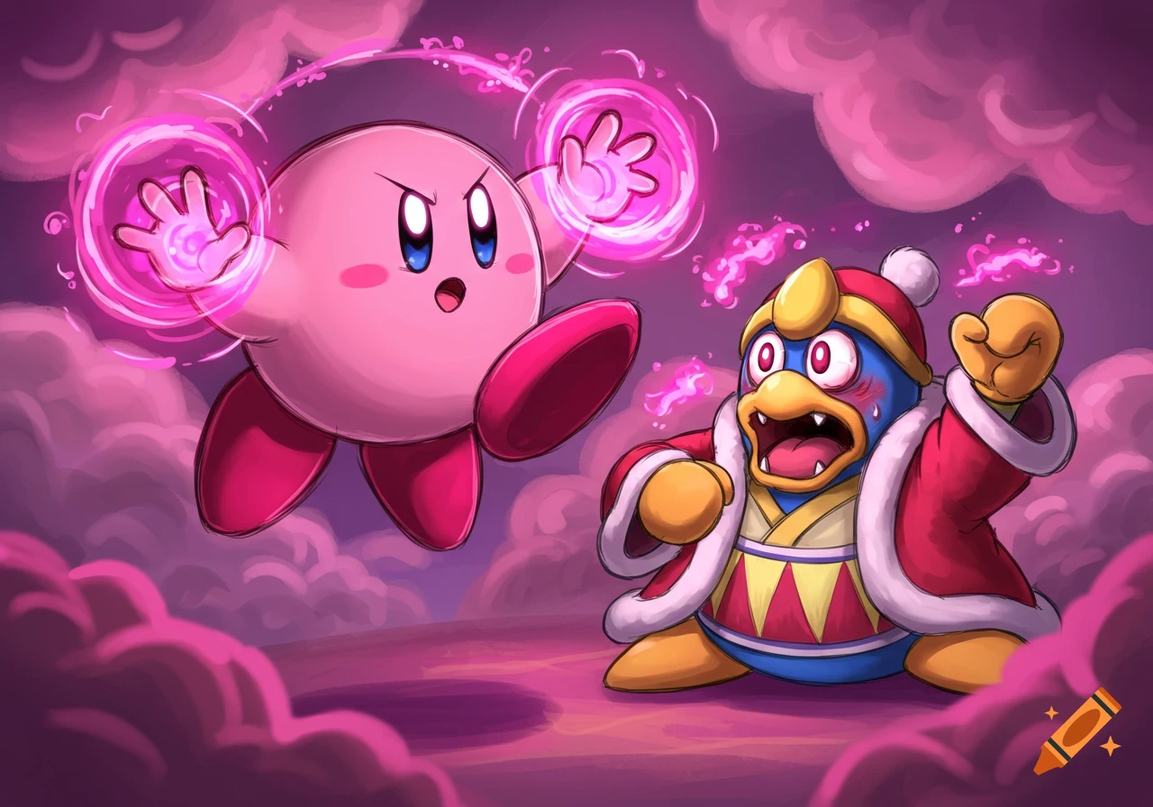 Pink Kirby floats, conjuring pink energy towards a terrified King Dedede, in a vibrant cartoon style.