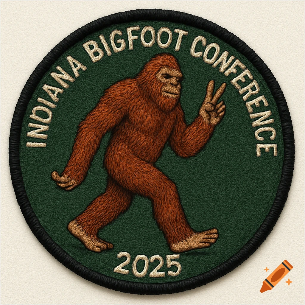 A round embroidered patch featuring a brown Bigfoot making a peace sign, with 'INDIANA BIGFOOT CONFERENCE' and '2025' text.