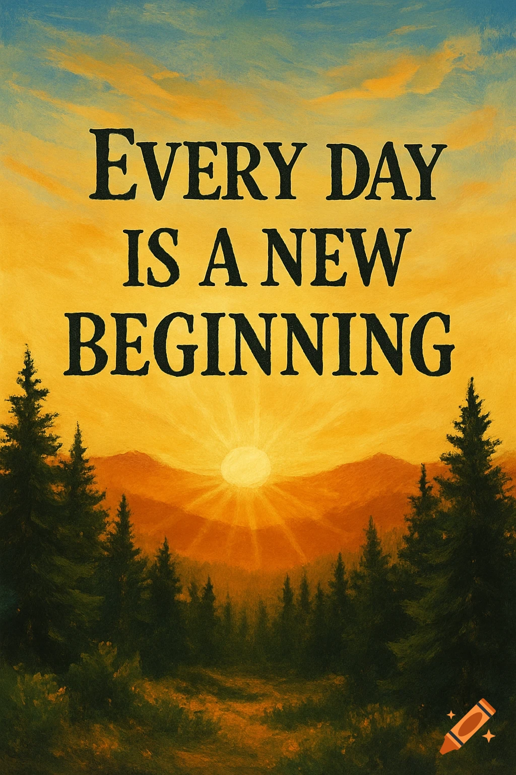 The quote 'EVERY DAY IS A NEW BEGINNING' is displayed over an artistic painting of a sunrise or sunset over a forest and mountains.
