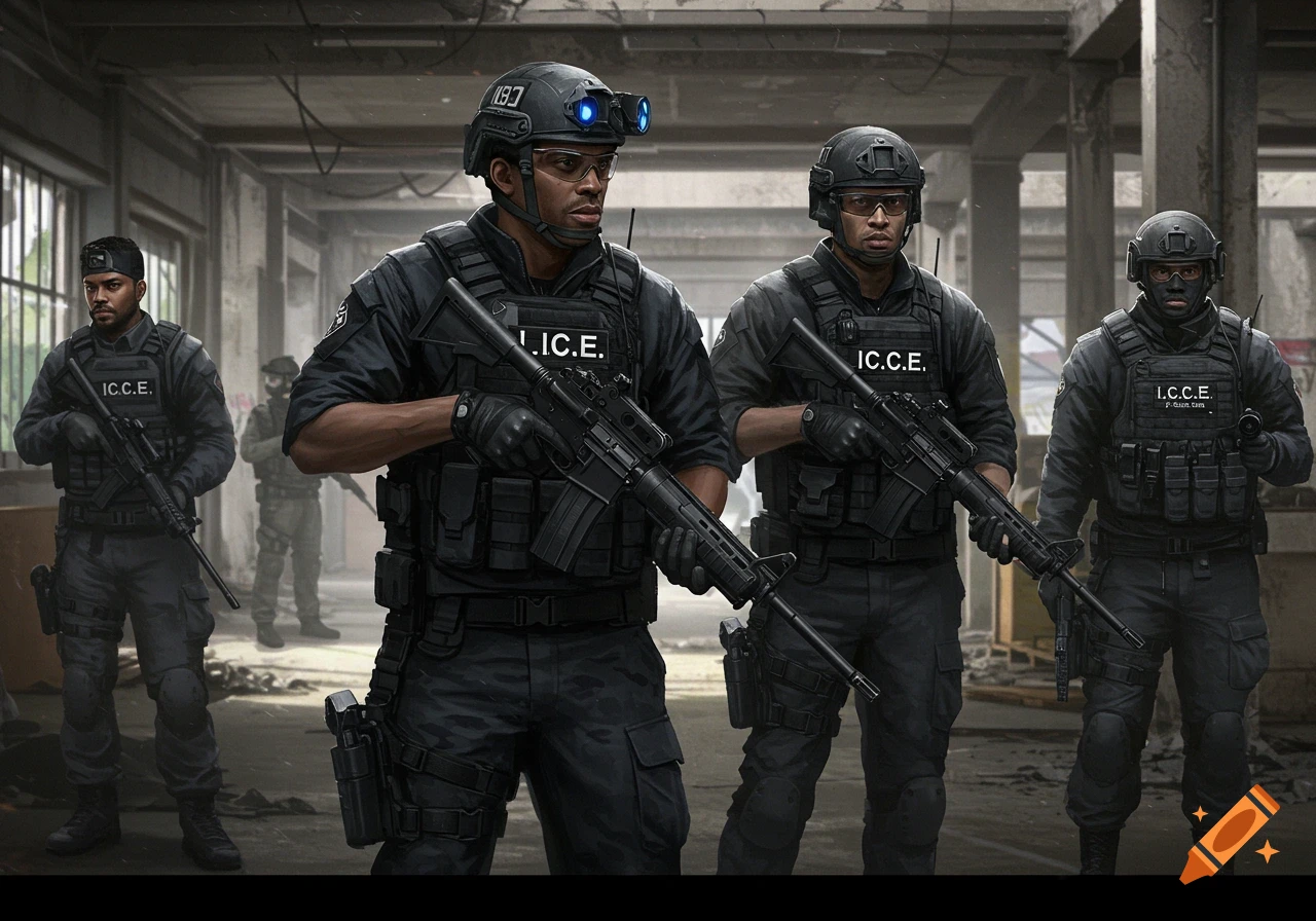 Four armed men in black tactical gear stand in a dusty, dilapidated industrial building, appearing ready for action.