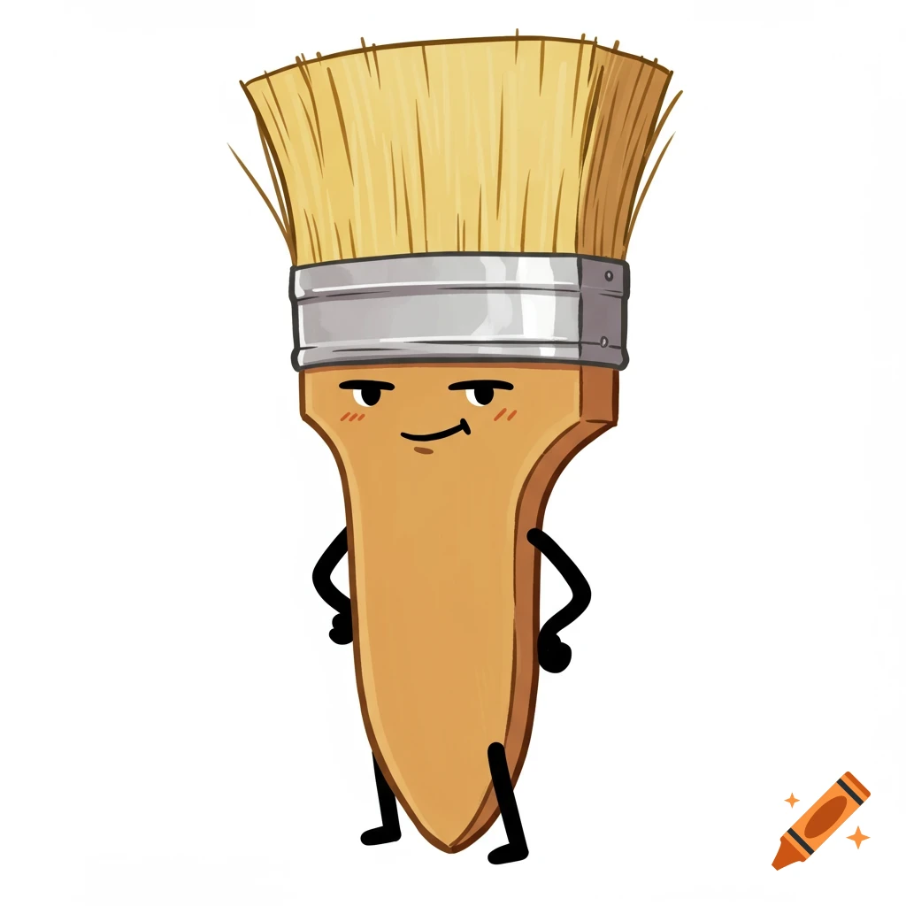 A cartoon paintbrush character with a smug expression, stick arms, and legs. It has a tan handle, gold bristles, and a silver ferrule.