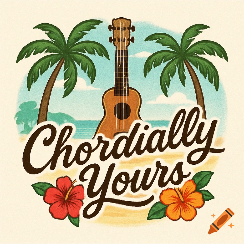 Illustration of a 'Chordially Yours' band logo with a ukulele, palm trees, beach, and hibiscus flowers.