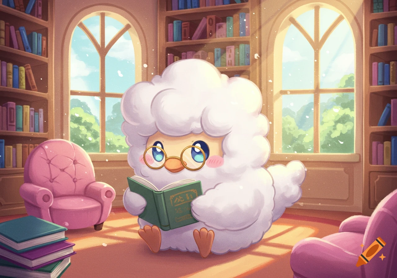 A fluffy, kawaii Altaria Pokemon wearing glasses reads a book in a sunlit library, surrounded by bookshelves and armchairs.
