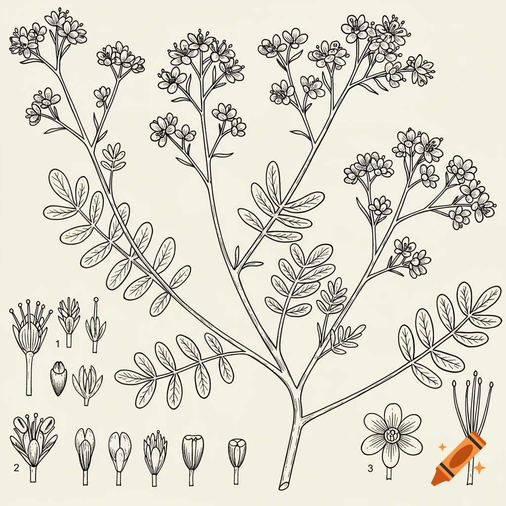 Black and white botanical illustration of the rue plant with detailed leaves, flowers, and dissected floral parts labeled with numbers.