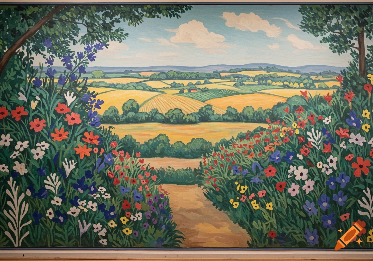 A vibrant painting in the style of Henri Matisse shows a garden path leading through colorful flowers to fields and hills under a blue sky.