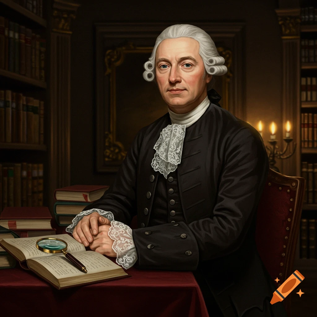 Photorealistic portrait of a man in 18th-century attire with a powdered wig, black coat, and lace, seated at a desk with a book and magnifying glass in a library.