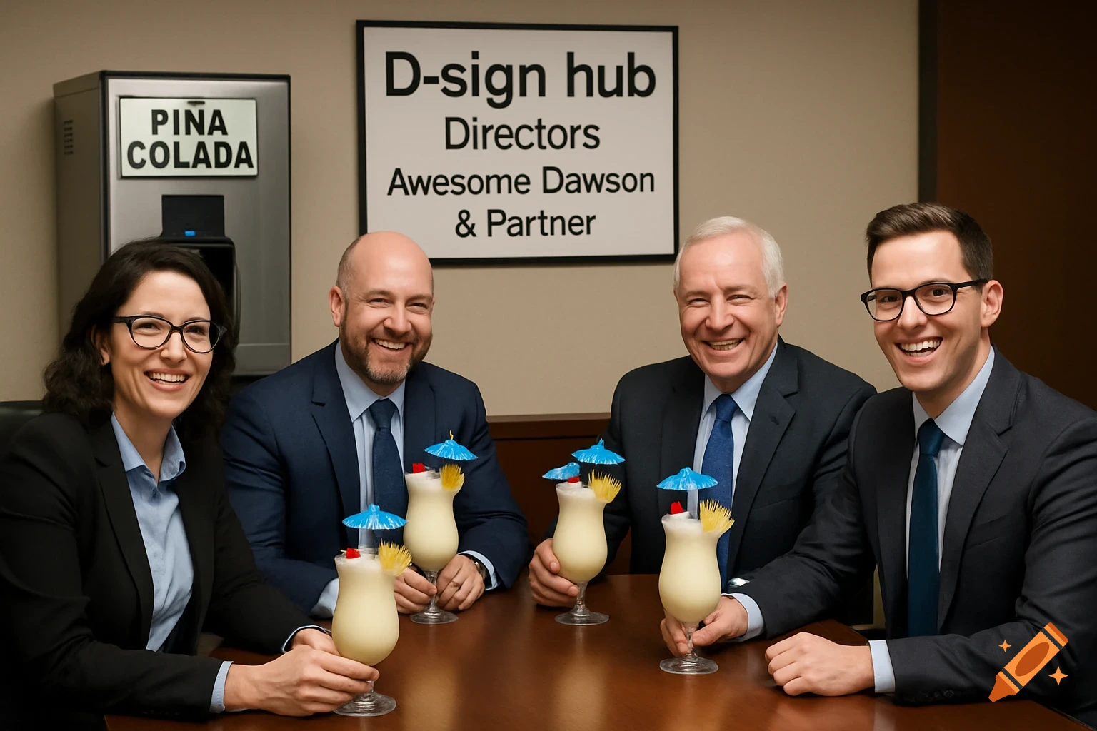 Four smiling business professionals in suits sit at a boardroom table with Pina Colada cocktails, with a drink machine and a 'D-sign hub' sign in the background.
