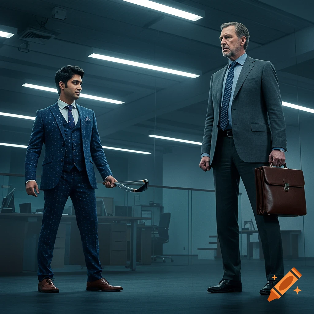 Two men in business suits stand in a modern office, one holding a slingshot and the other a briefcase, facing each other.