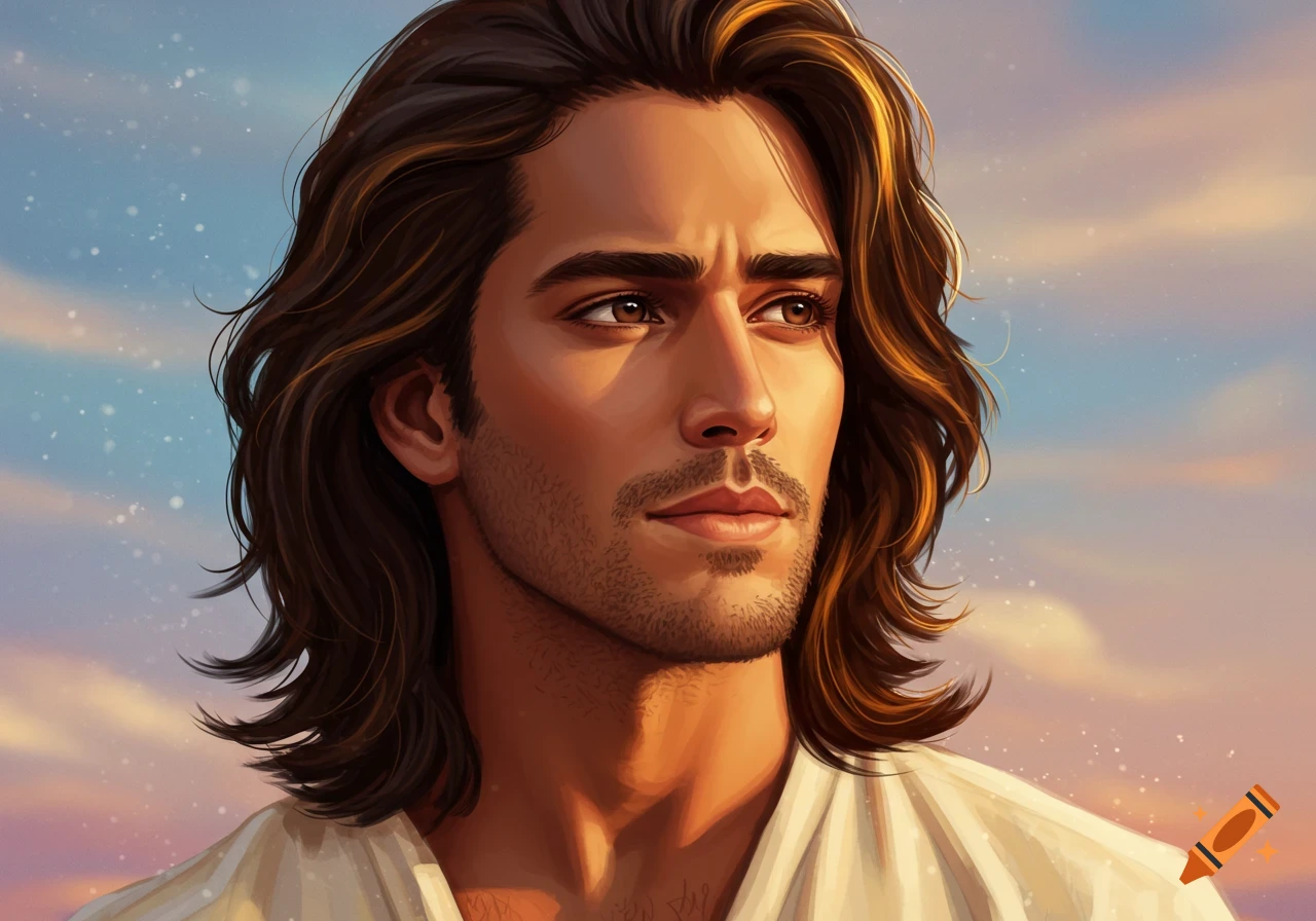 A digital painting of a handsome man with long brown hair and a short beard, looking thoughtfully into the distance against a sunset sky.
