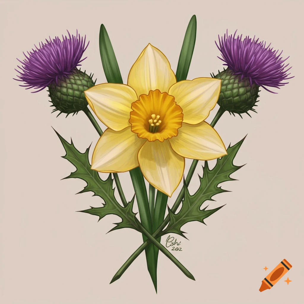 A botanical illustration featuring a yellow daffodil with two purple thistles, their stems intertwined.