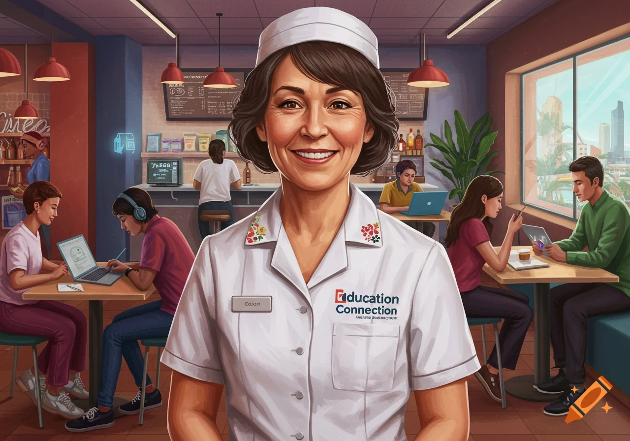 A smiling woman in a white uniform with "Education Connection" logo stands in a bustling cafe, with other people working on laptops in the background.