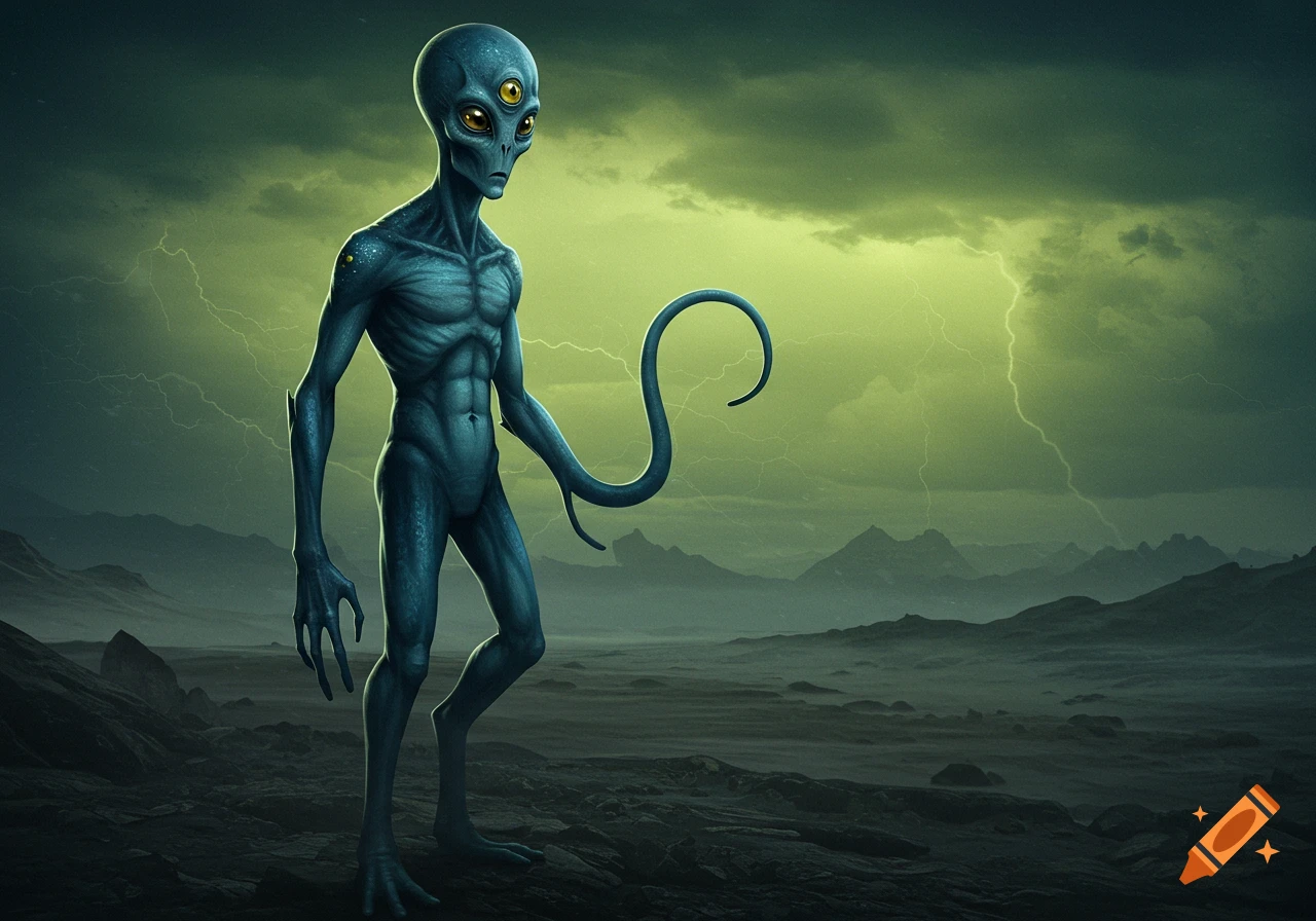 A tall, grey-blue alien with three eyes and a curled tentacle arm stands on a rocky alien planet under a stormy, lightning-filled sky.