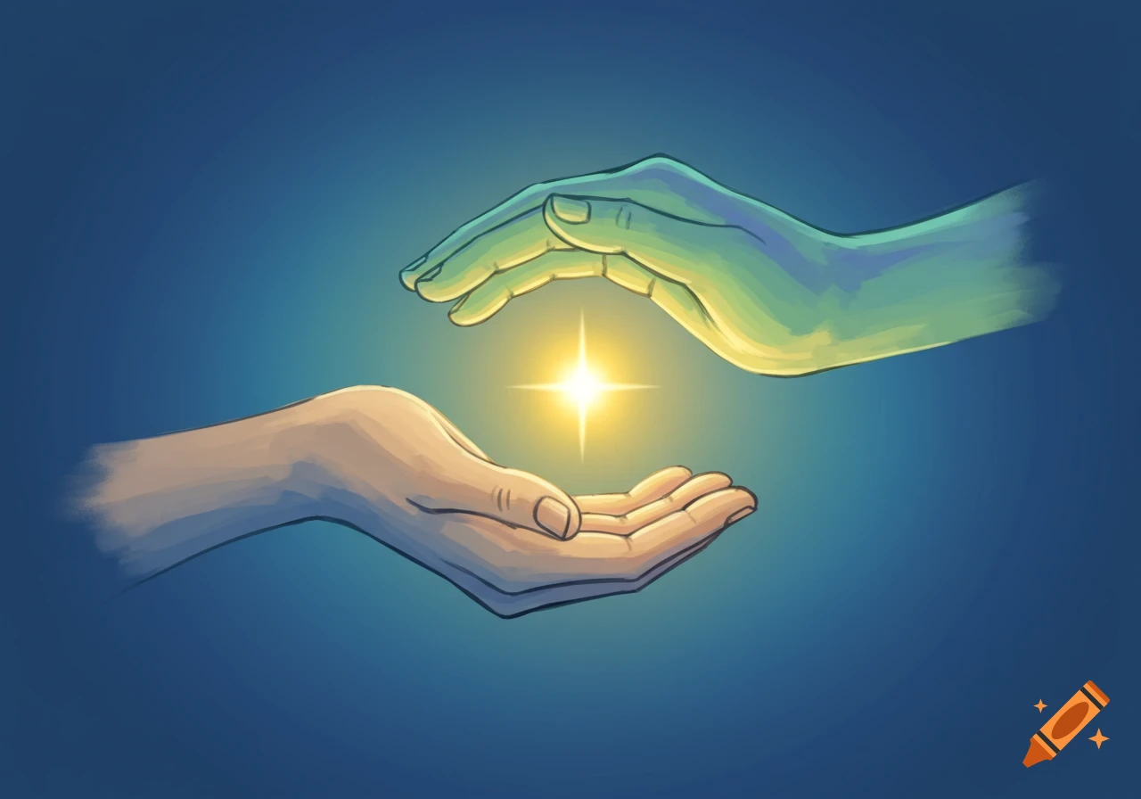 An illustration of two hands, one above the other, cupping a glowing star against a blue background.