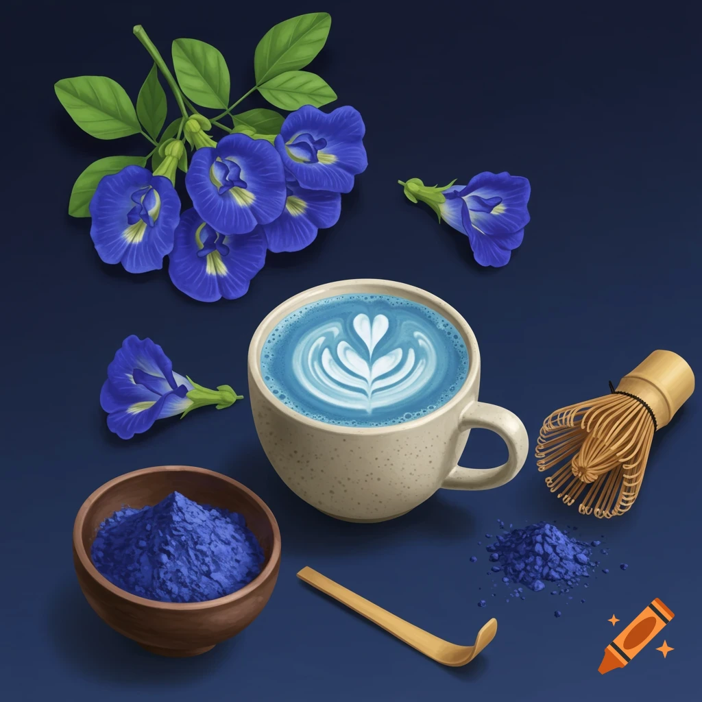 Butterfly pea flowers, blue matcha powder, latte, and whisk arranged on a dark blue surface.