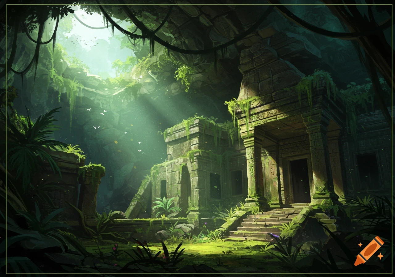 An ancient, moss-covered temple ruins deep within a lush, verdant jungle, illuminated by sunbeams from above.