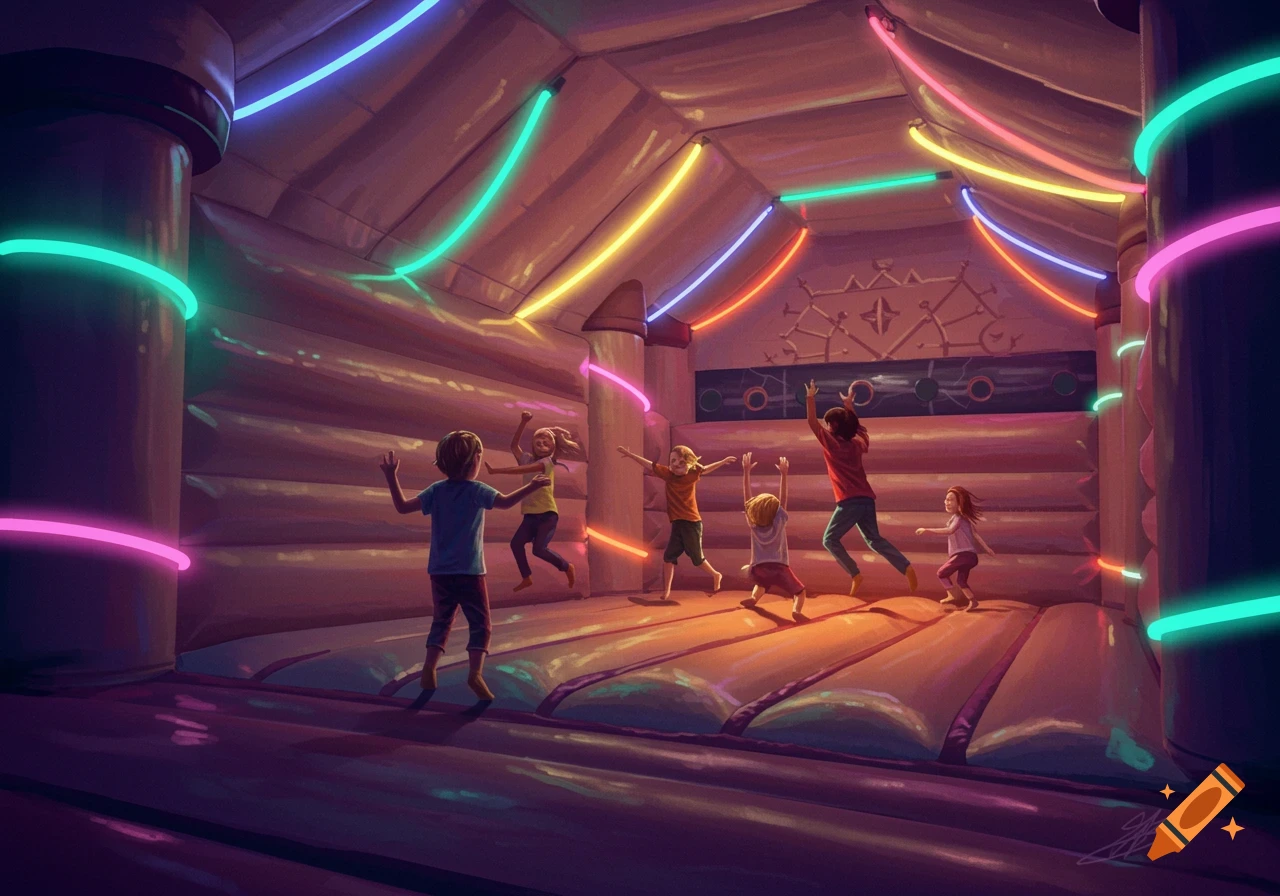 Kids jump and play inside a vibrant bounce house illuminated by colorful neon tube lights, in an illustrative style.