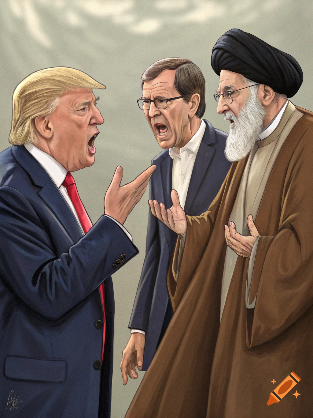Caricature of Donald Trump, Isaac Herzog, and Ali Khamenei yelling and gesturing at each other in an argument.