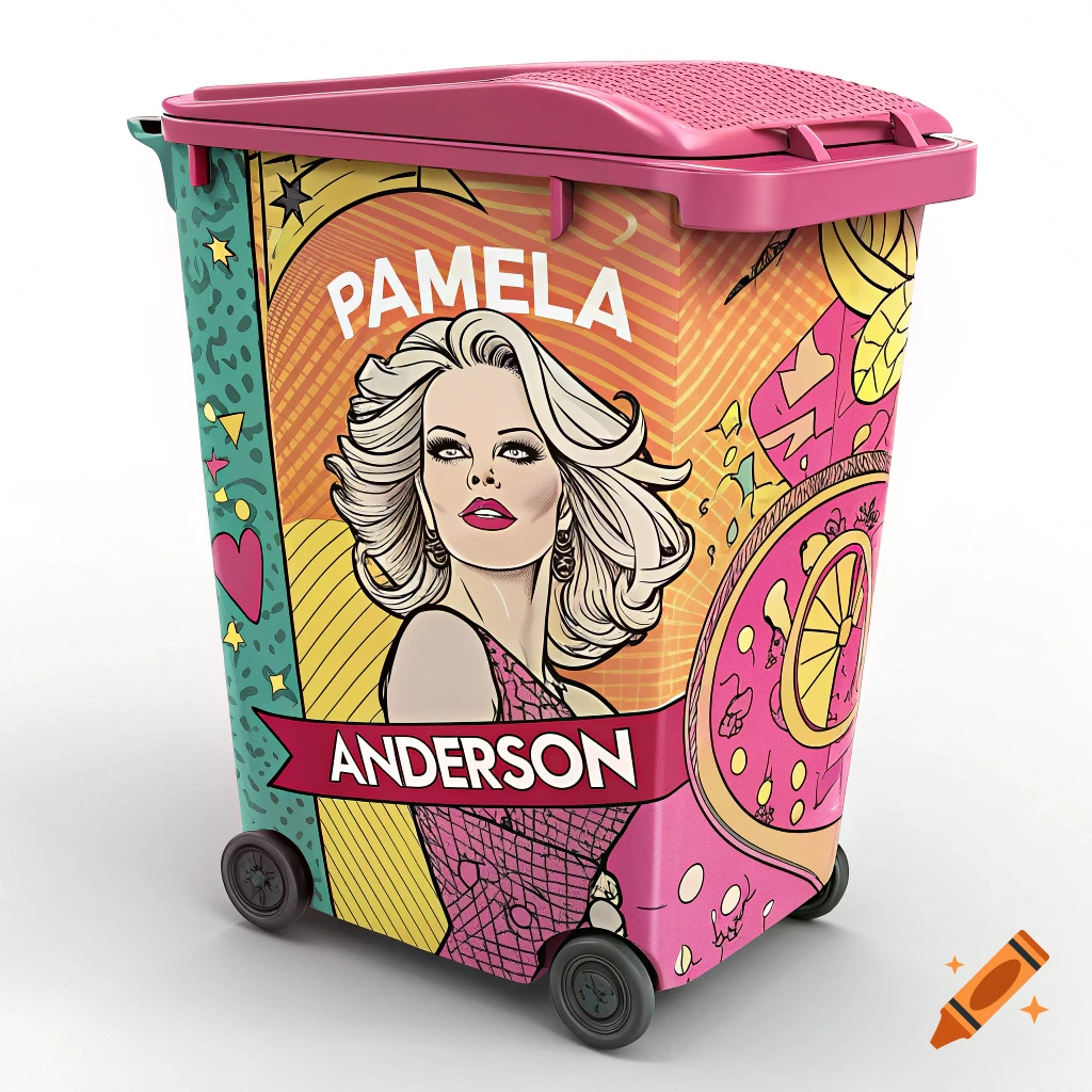 A brightly colored, pop-art style trash can featuring an illustration of Pamela Anderson.