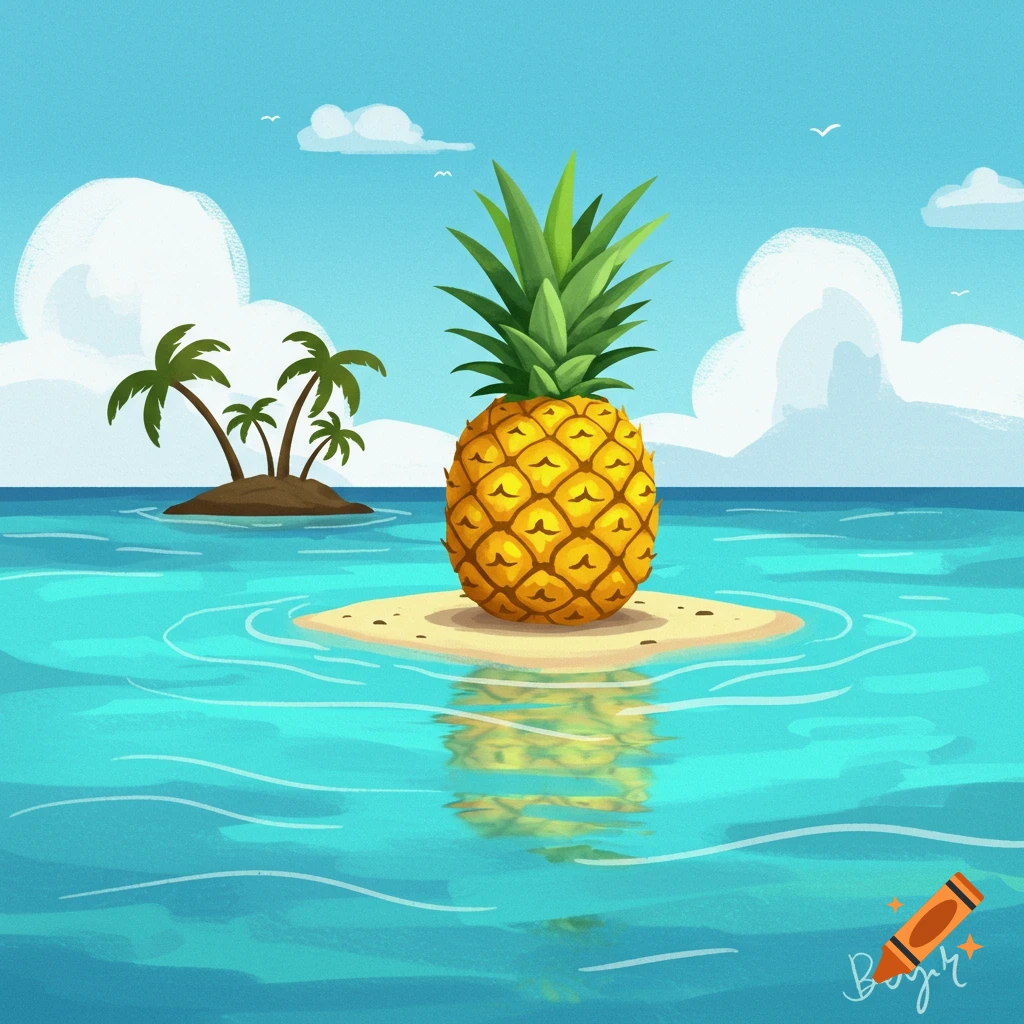 Cartoon illustration of a large pineapple on a tiny sandy island in turquoise water, with palm trees on another island in the distance.