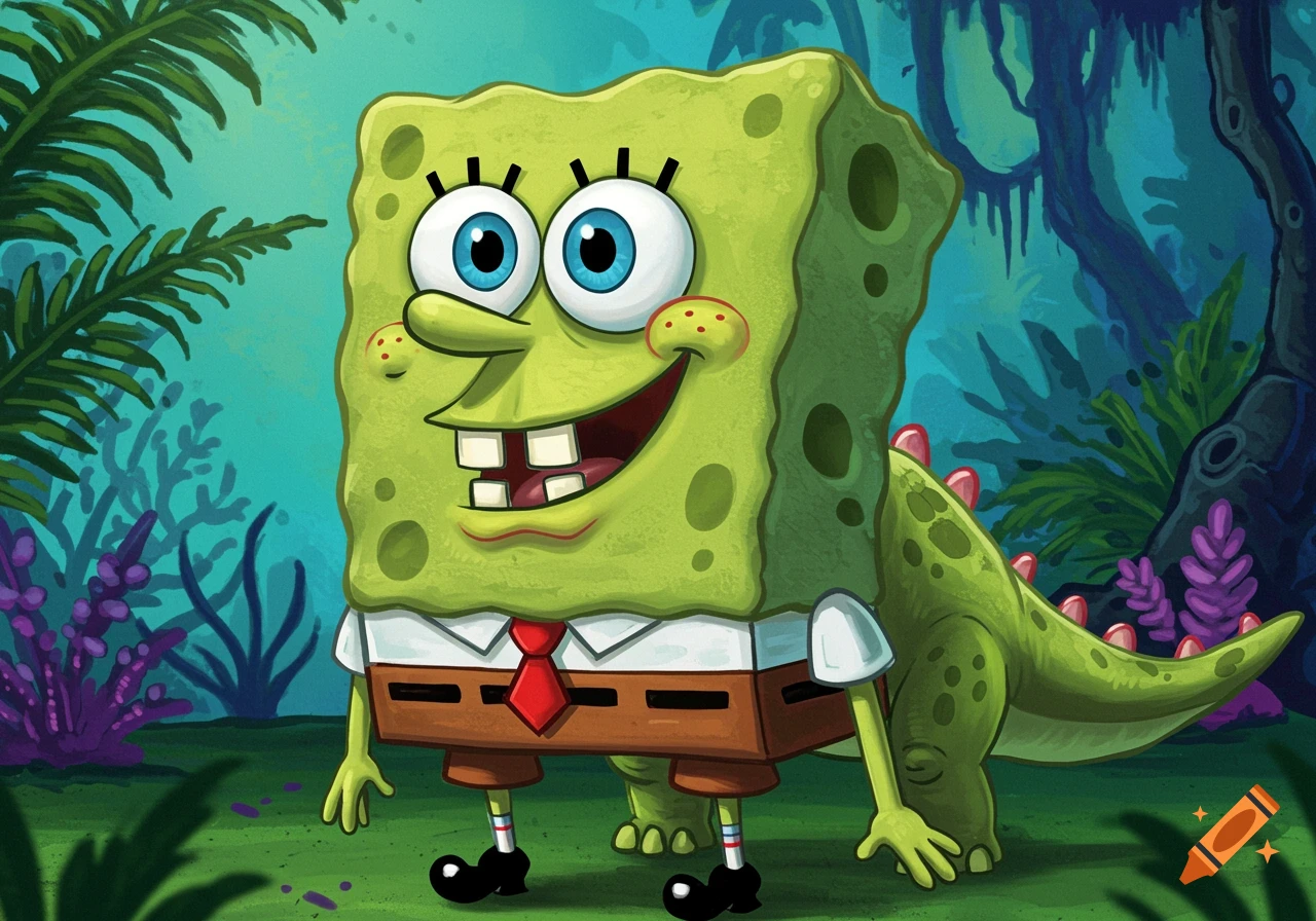 A cartoon Spongebob SquarePants with a green dinosaur body and tail stands in a vibrant, mystical jungle.