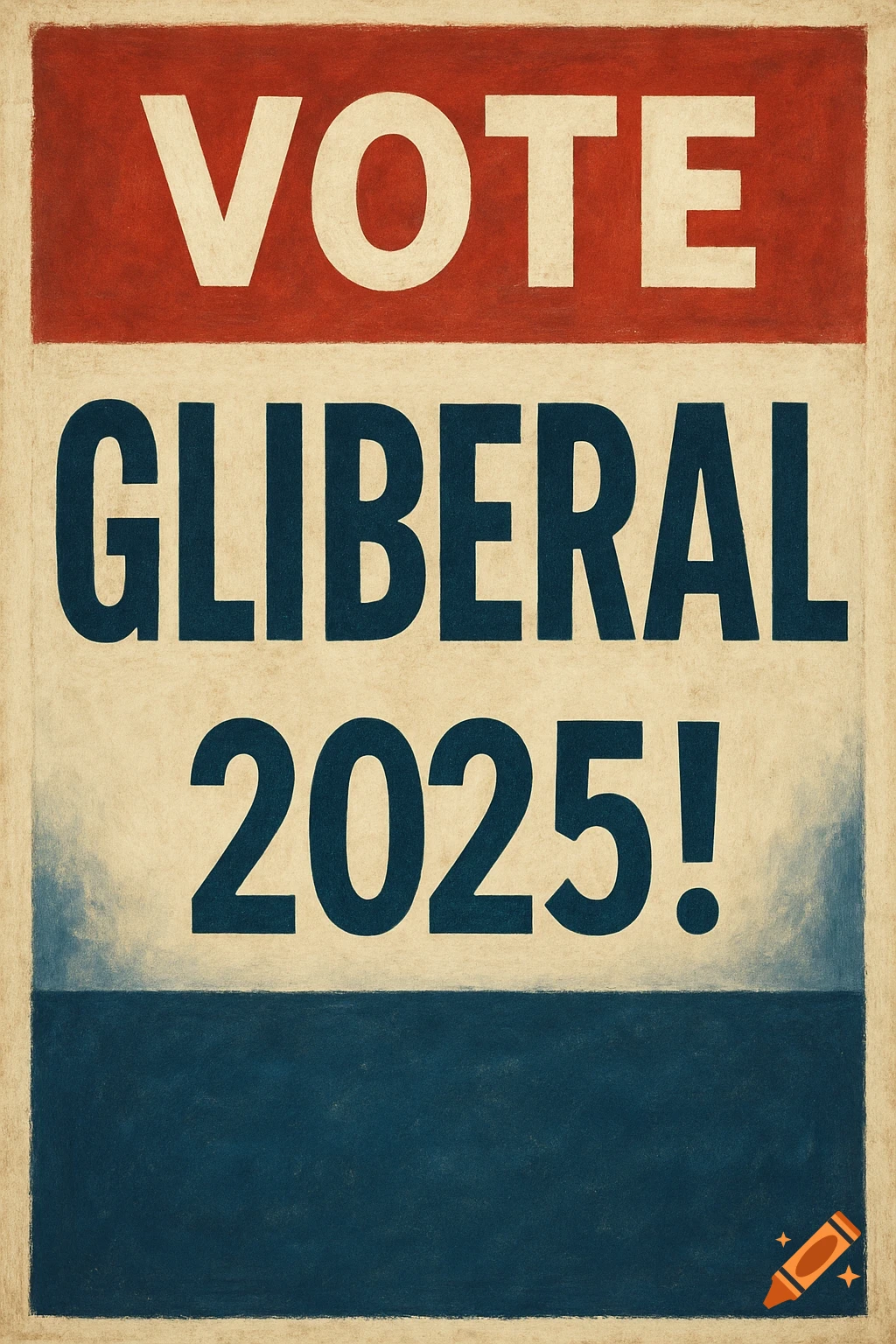 A vintage-style political poster with red, cream, and blue sections, reading 'VOTE GLIBERAL 2025!'.