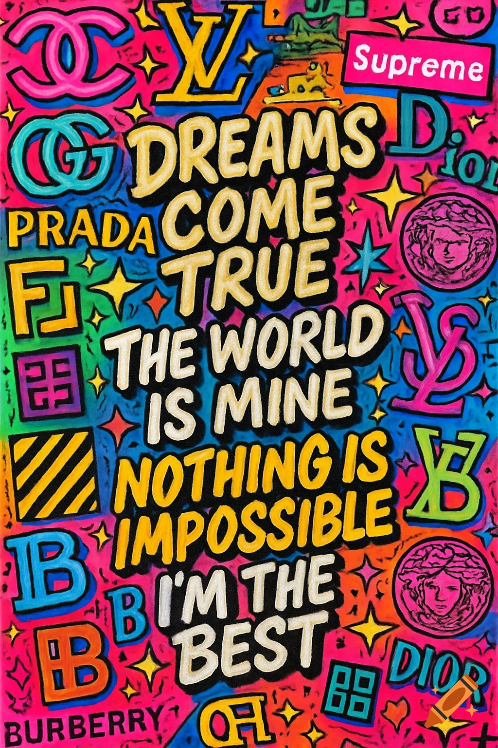 A vibrant pop art collage featuring luxury brand logos and inspiring text. Brands include Chanel, Louis Vuitton, Gucci, Prada, and Burberry. Central text reads 'Dreams Come True, The World Is Mine, Nothing Is Impossible, I'm The Best.'
