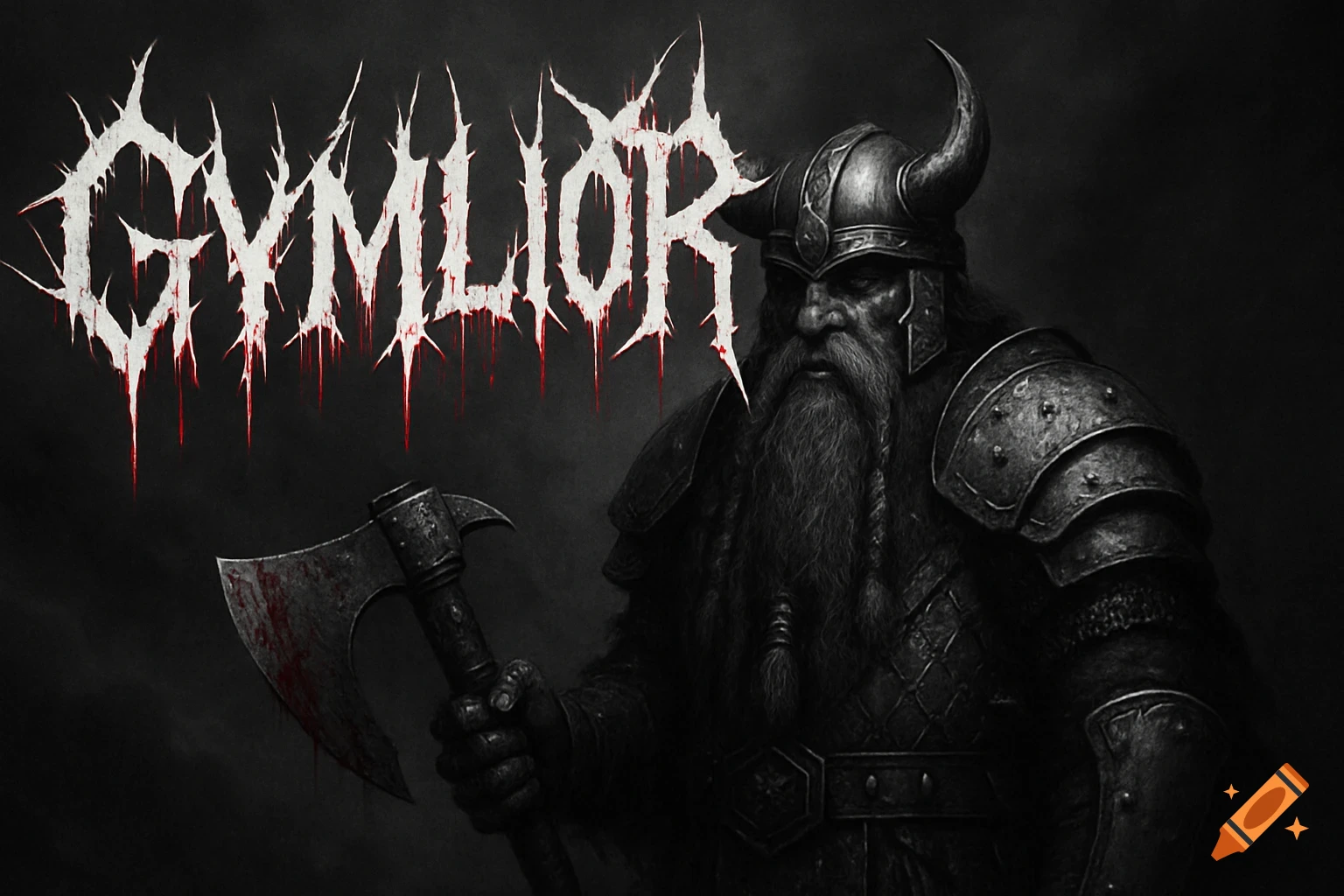 Black and white dark fantasy image of a grim dwarf warrior with a horned helmet and blood-stained axe under a jagged 'GYMLIOR' logo with red streaks.