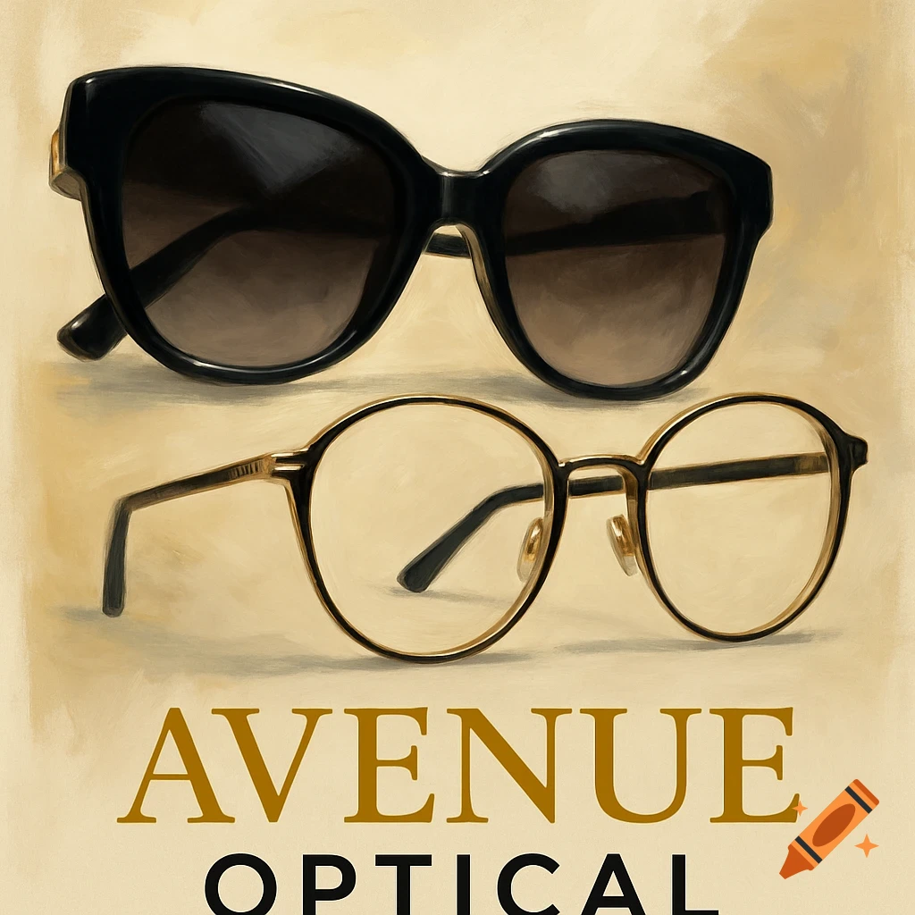 Black sunglasses and gold-rimmed glasses on a textured background, with "AVENUE OPTICAL" text below.