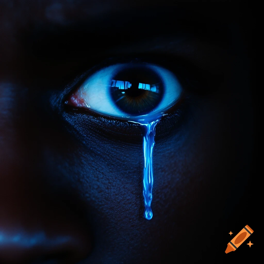 Close-up of a scared human eye with a glowing blue tear on a dark background, highlighted by blue light.