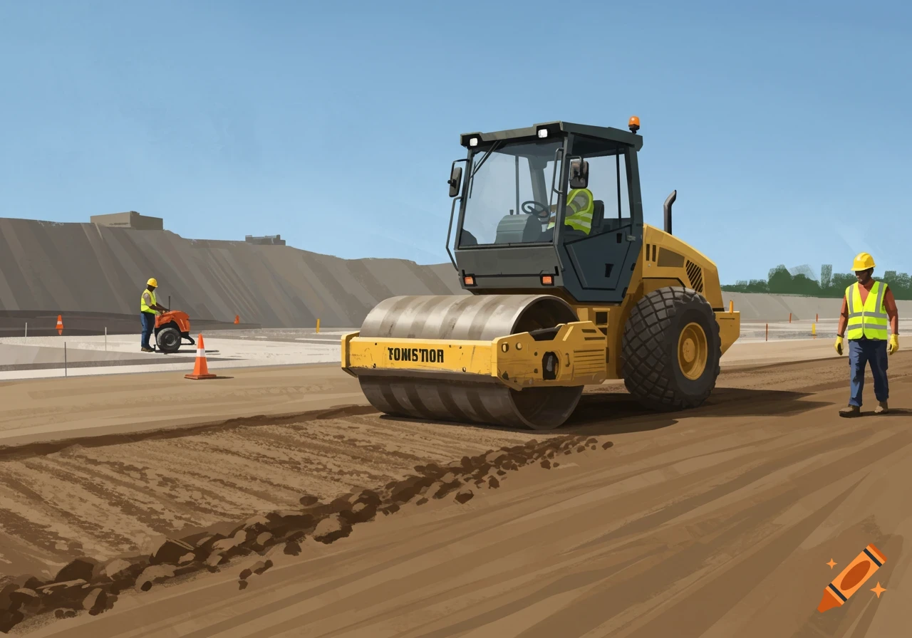 A vibratory roller machine compacts soil on a construction site with workers and safety cones under a blue sky.