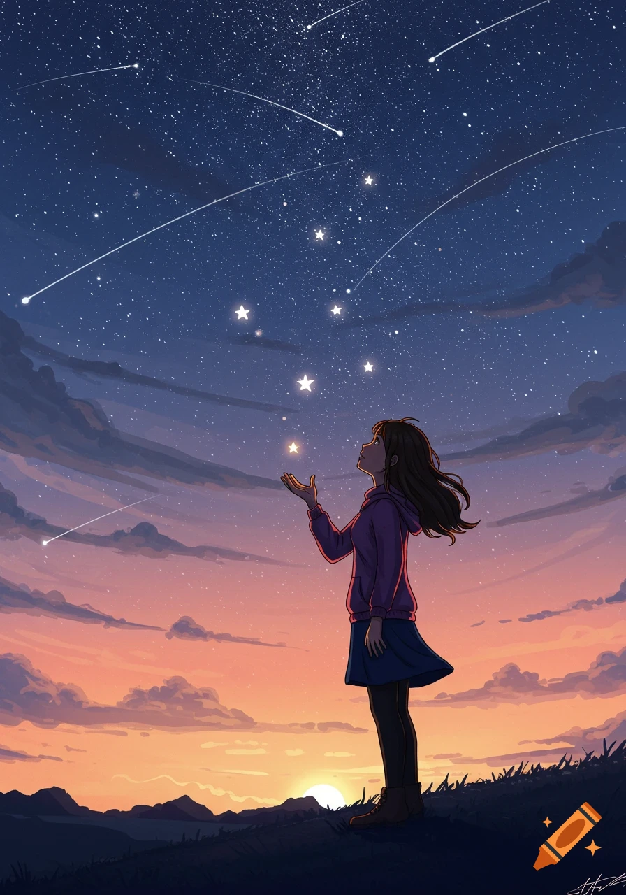 Anime illustration of a young woman on a hill reaching up to glowing stars in a twilight sky.