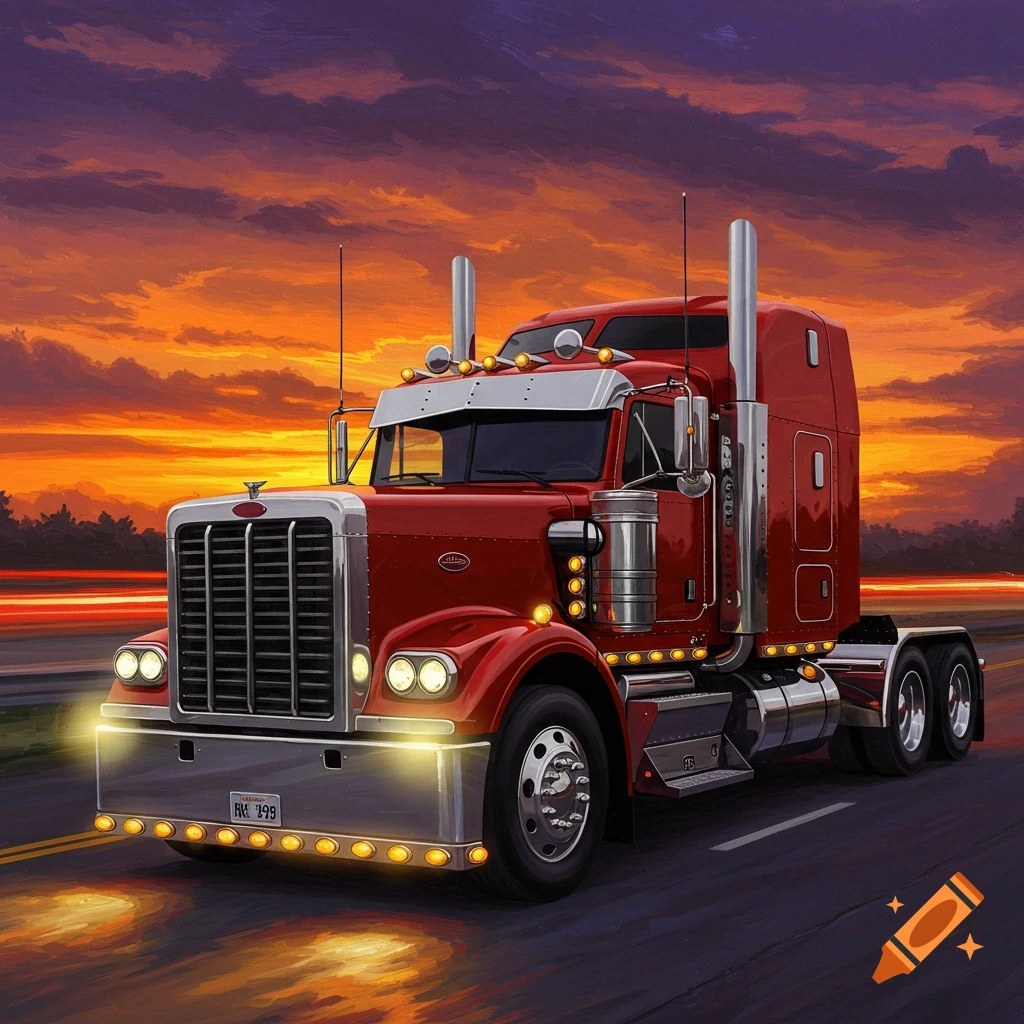 A red semi-truck drives on a road at sunset, in a painterly style.