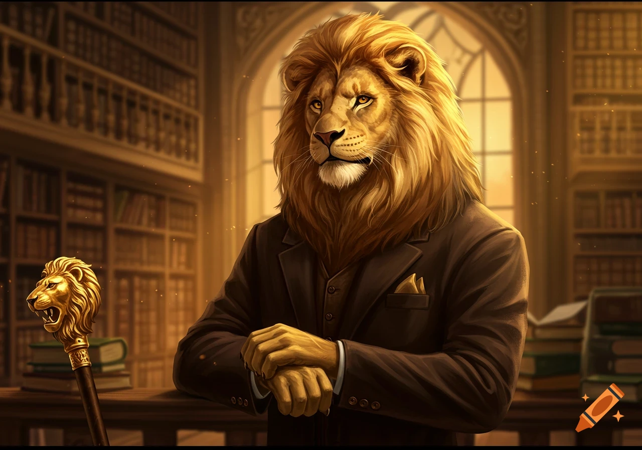 A majestic anthropomorphic lion in a suit stands in a grand library, a golden lion-head cane nearby.