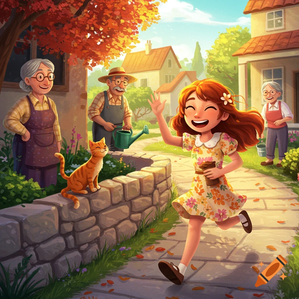 Joyful cartoon girl waves while running on a sunny village path, past an old couple and an orange cat.