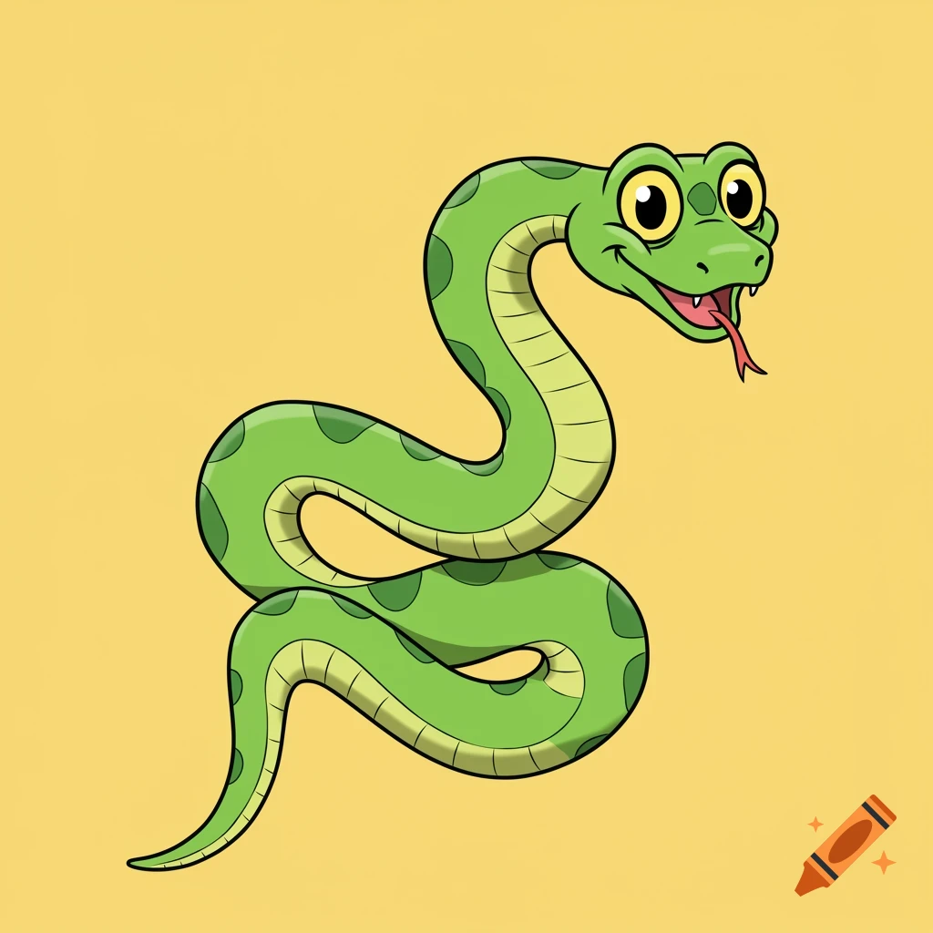 A happy cartoon green snake with large eyes and a red tongue on a yellow background.